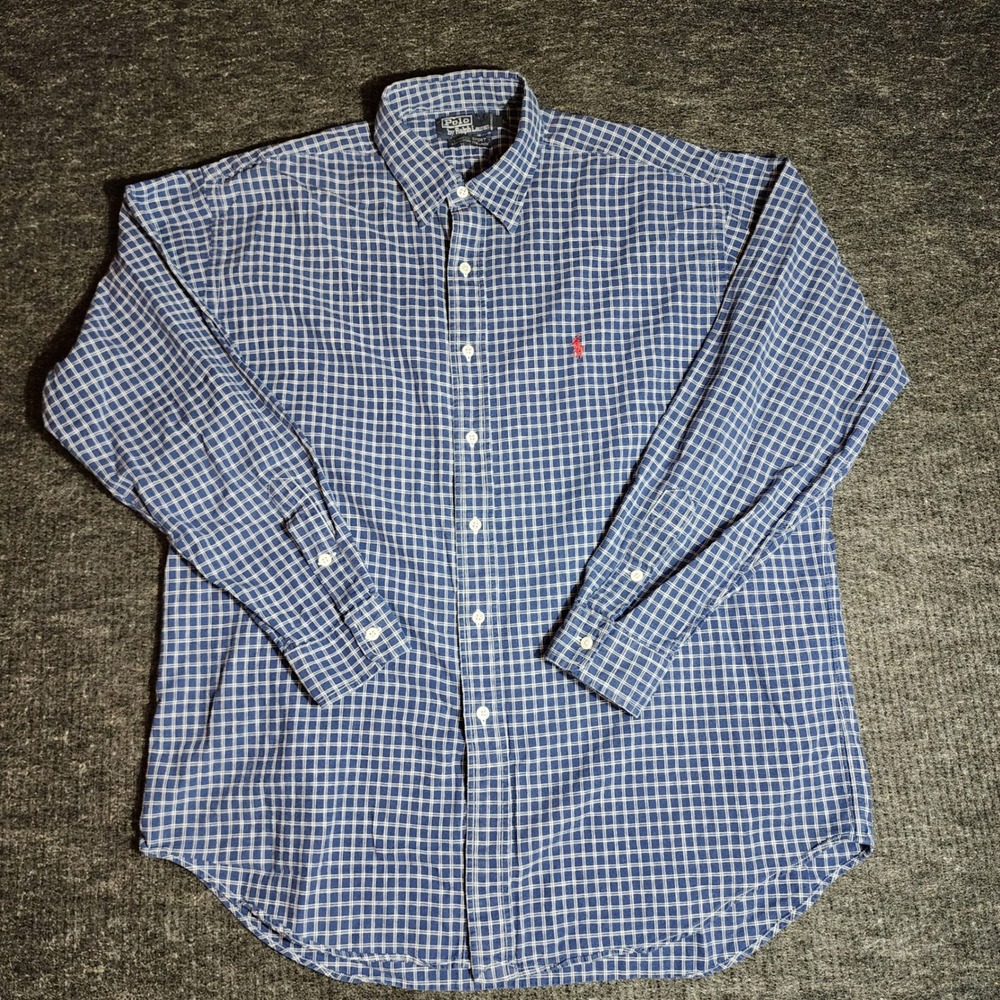 Polo Ralph Lauren Lowell Sport Blue White Grid Check Cotton Linen Shirt Mens L